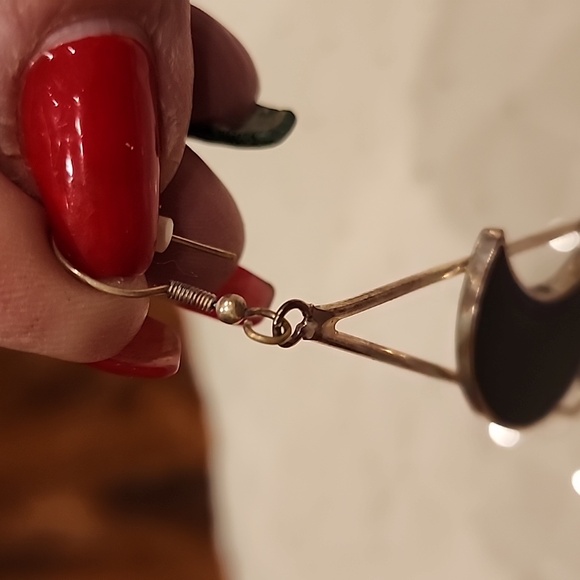 Vintage hand-made sterling silver & black onyx crescent moon dangle earrings - Picture 8 of 8